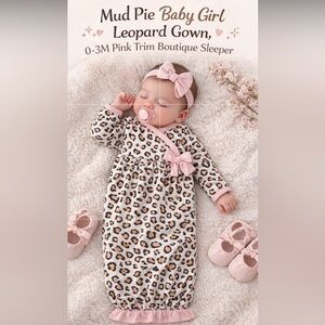 Mud Pie Baby Girl Leopard Gown 0-3M Pink Trim Boutique Sleeper Tie Front